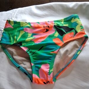 Tropical Floral High-Waist Bikini Bottoms - Green Pink Orange